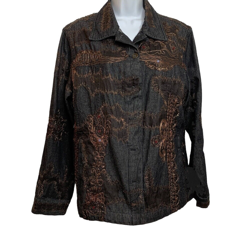 Chicos Denim Jean Embroidered Beaded Jacket 2 Large 12 (11)